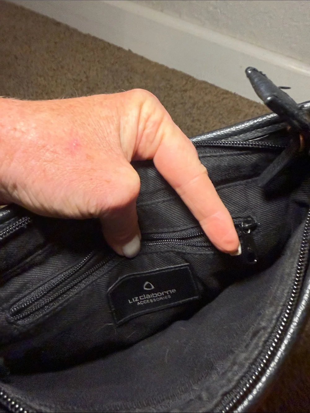 Liz Claiborne Black Leather Crossbody Messenger Bag with Front Pockets